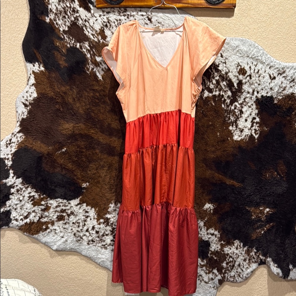 Pink and Orange Tiered Midi Sundress with Flutter Sleeves